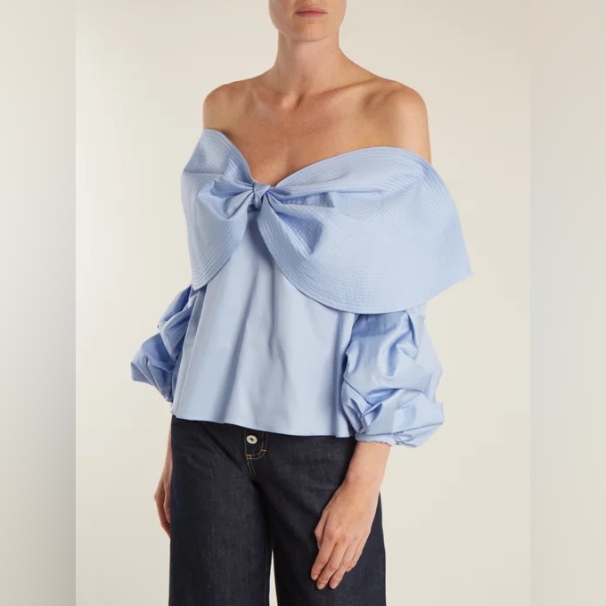 Johanna Ortizcaravan Off-The-Shoulder Bow Detail Cotton Top In Blue